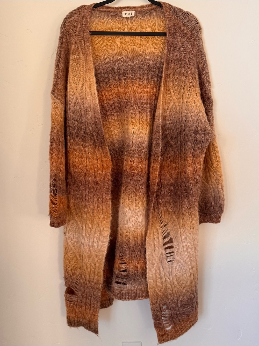 POL Distressed Cable Knit Ombre Duster Longline Cardigan Sweater Boho Oversize M